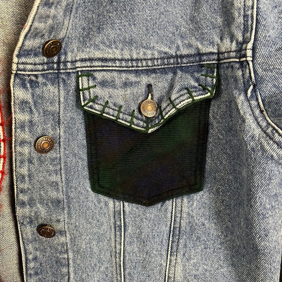 Jordache Original 90's Denim Jacket Plaid Patchwork Custom Red Stitching Size M - Picture 5 of 14